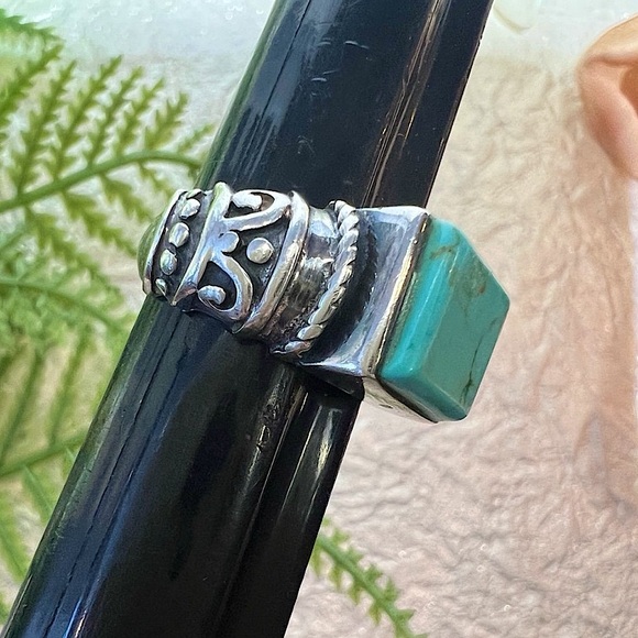 Vintage Square cut Turquoise Ring Handmade Solid 925 Sterling Silver about sz. 7 - Picture 5 of 16